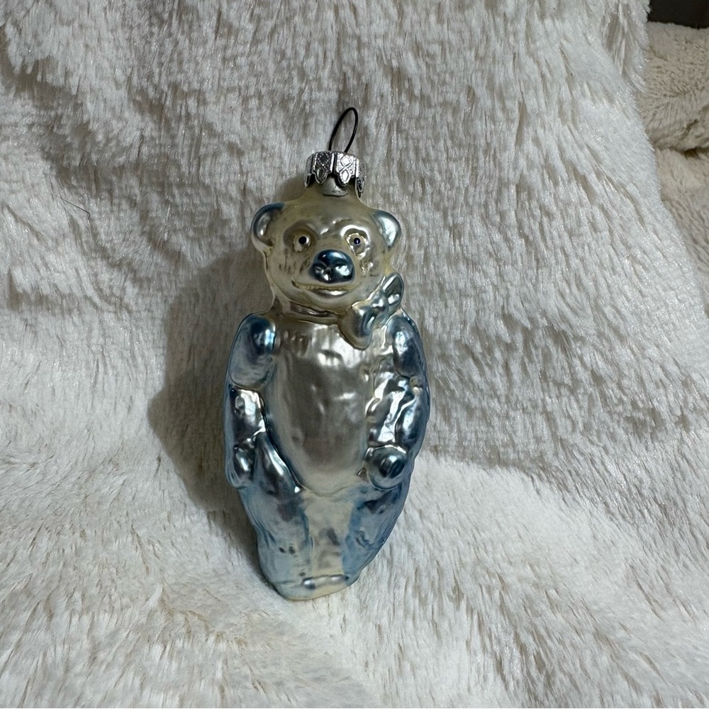 Vintage Germany Glass Christmas Ornament Blue Bear hand painted